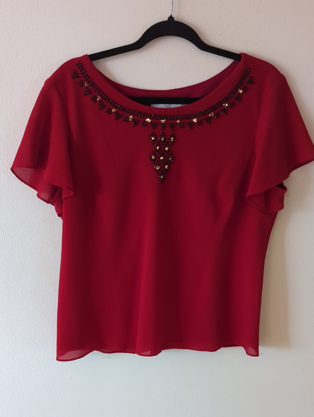 Red Embellished Neck Flutter Sleeve Top 16P